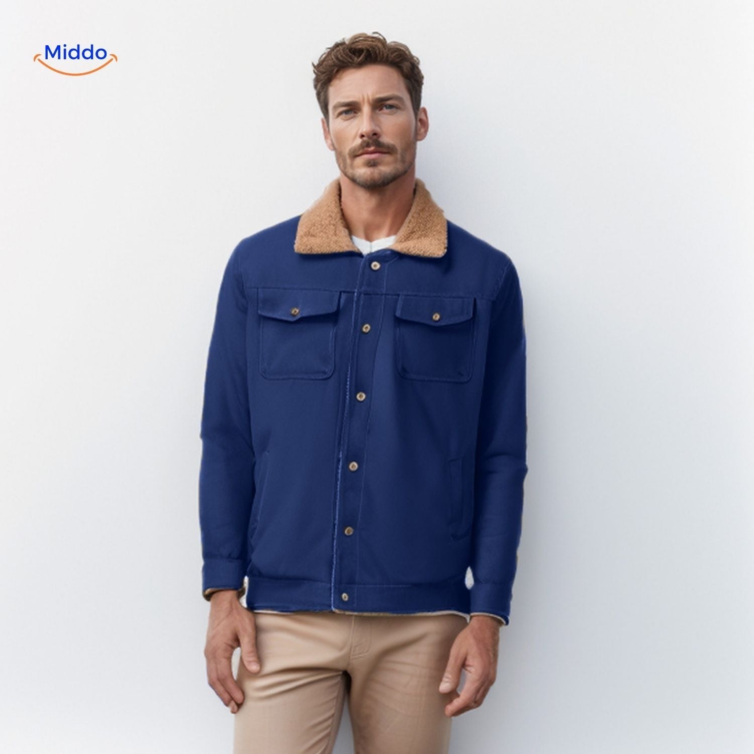 WinterFlex Herrenjacke dunkelblau mit braunem Kragen www.middo.nl