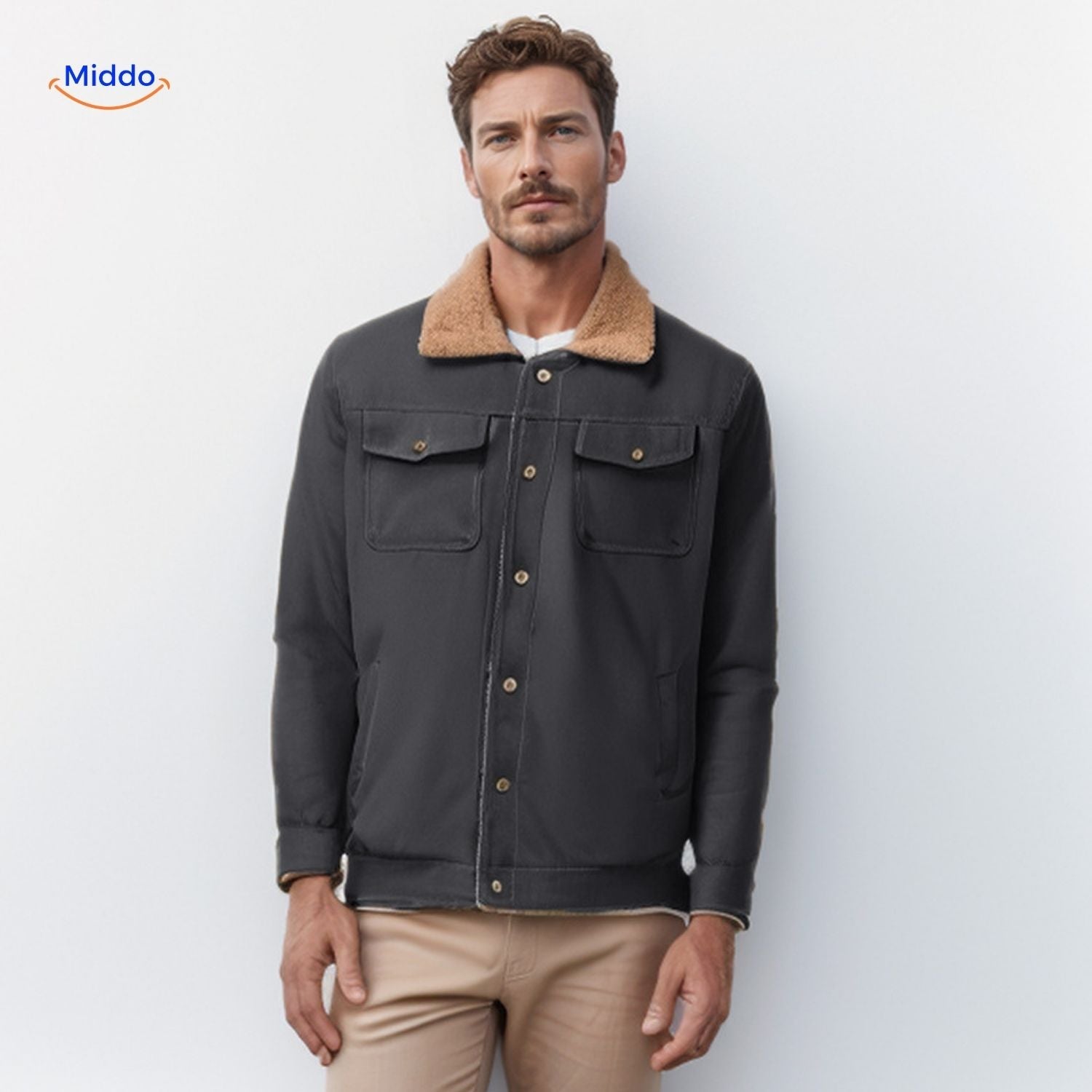 WinterFlex Herrenjacke dunkelgrau mit braunem Kragen www.middo.de