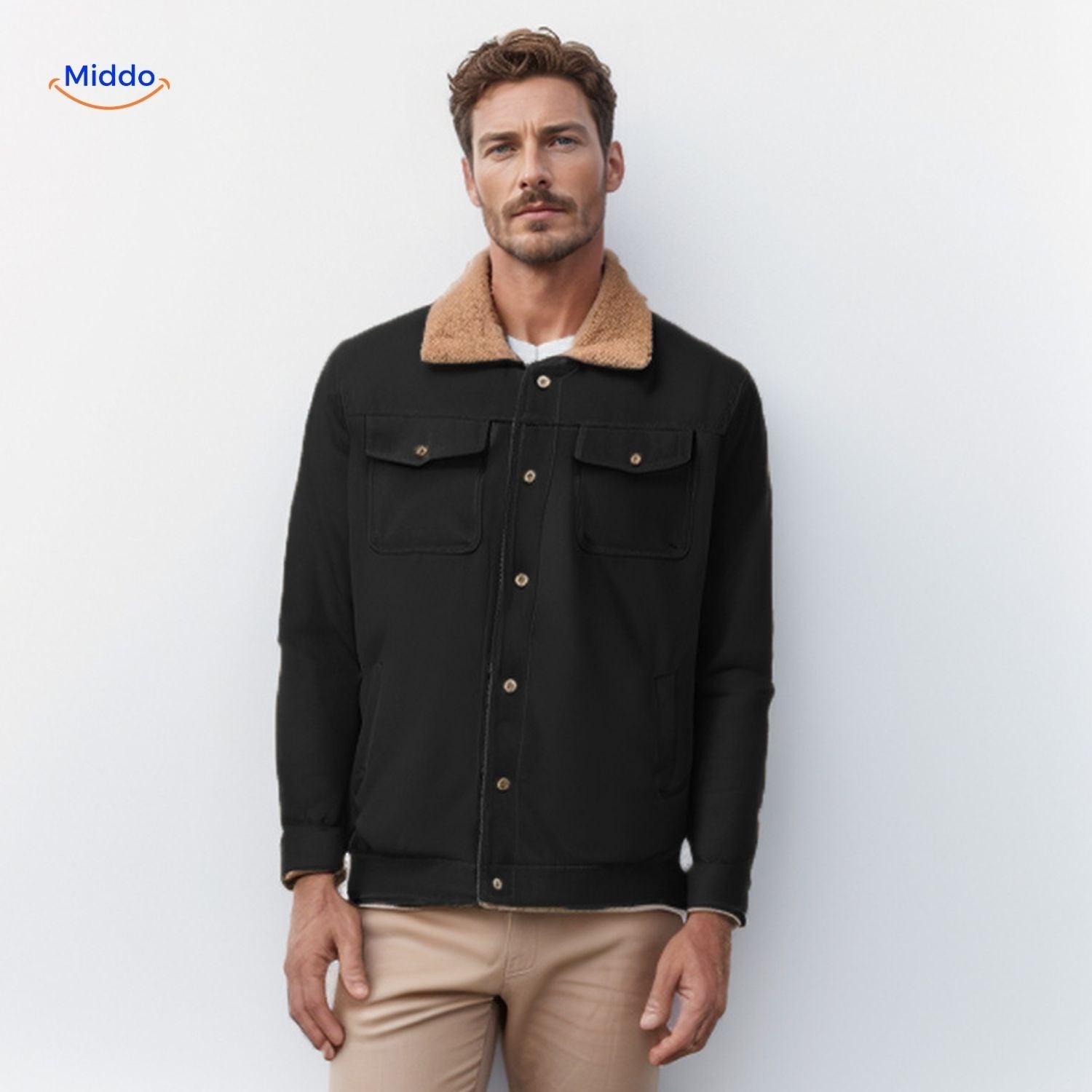 WinterFlex Herrenjacke schwarz mit braunem Kragen www.middo.de