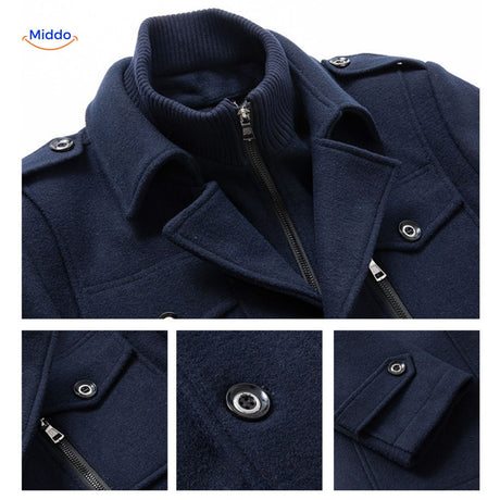 WoolGuard Doppelkragen Details Dunkelblaue Jacke