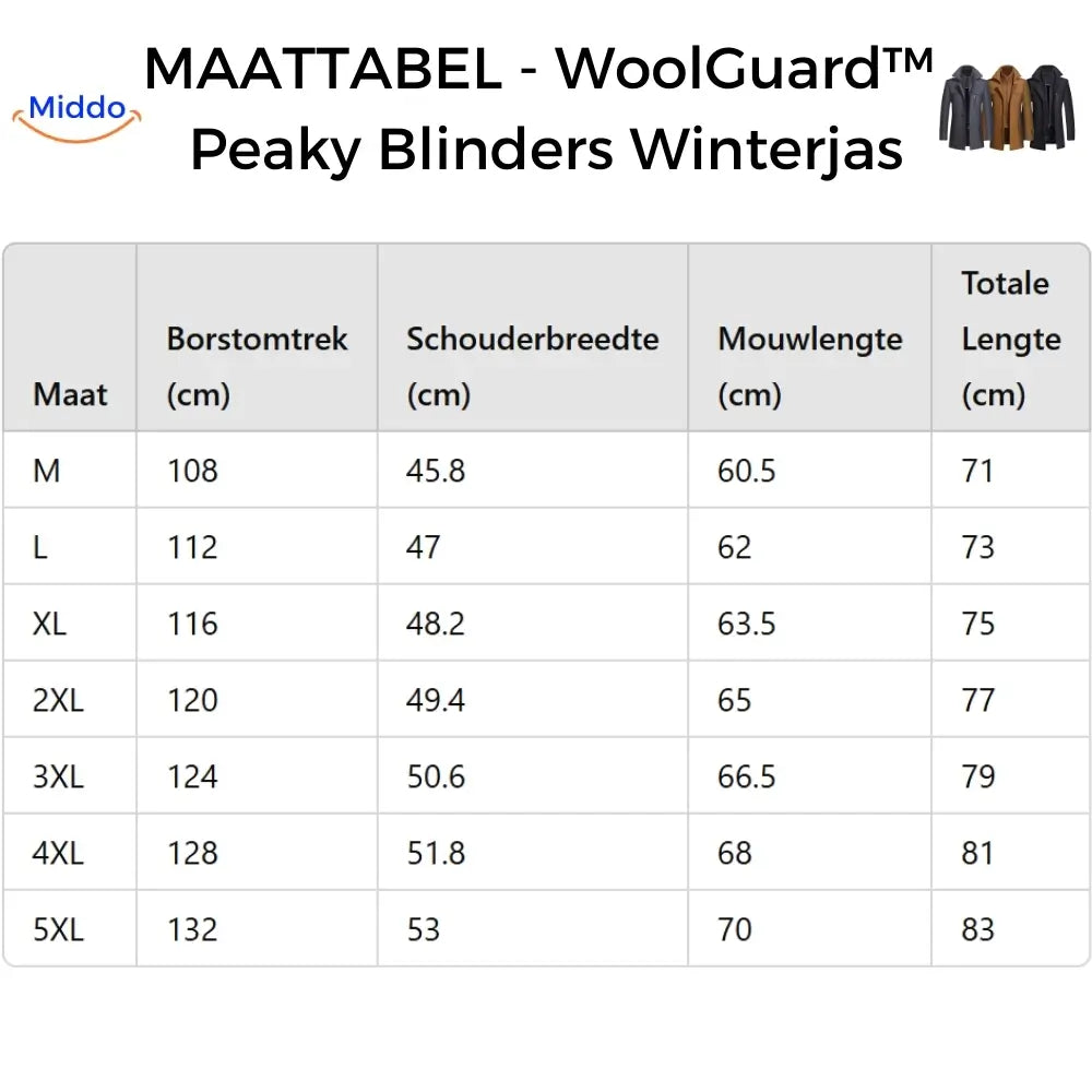 Größentabelle des Wintermantels im Middo Peaky Blinders Stil