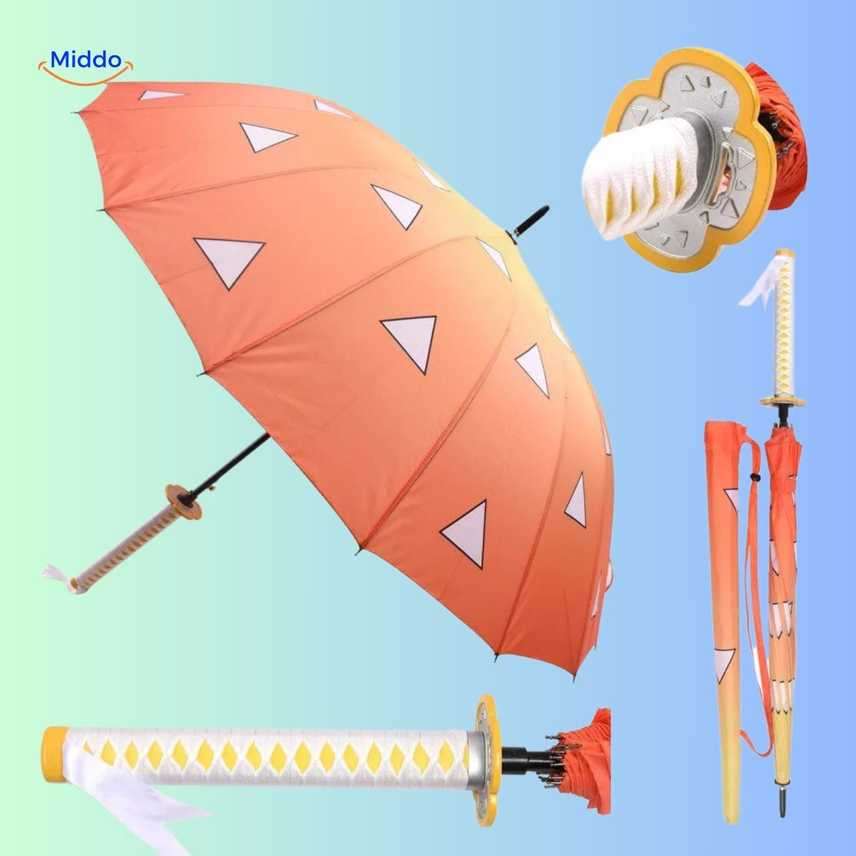 ZenBrella Anime-Regenschirm grün und schwarz Schachbrett-Design mit schwarzem und rotem Schwertgriff