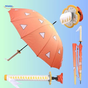 ZenBrella Anime-Regenschirm grün und schwarz Schachbrett-Design mit schwarzem und rotem Schwertgriff