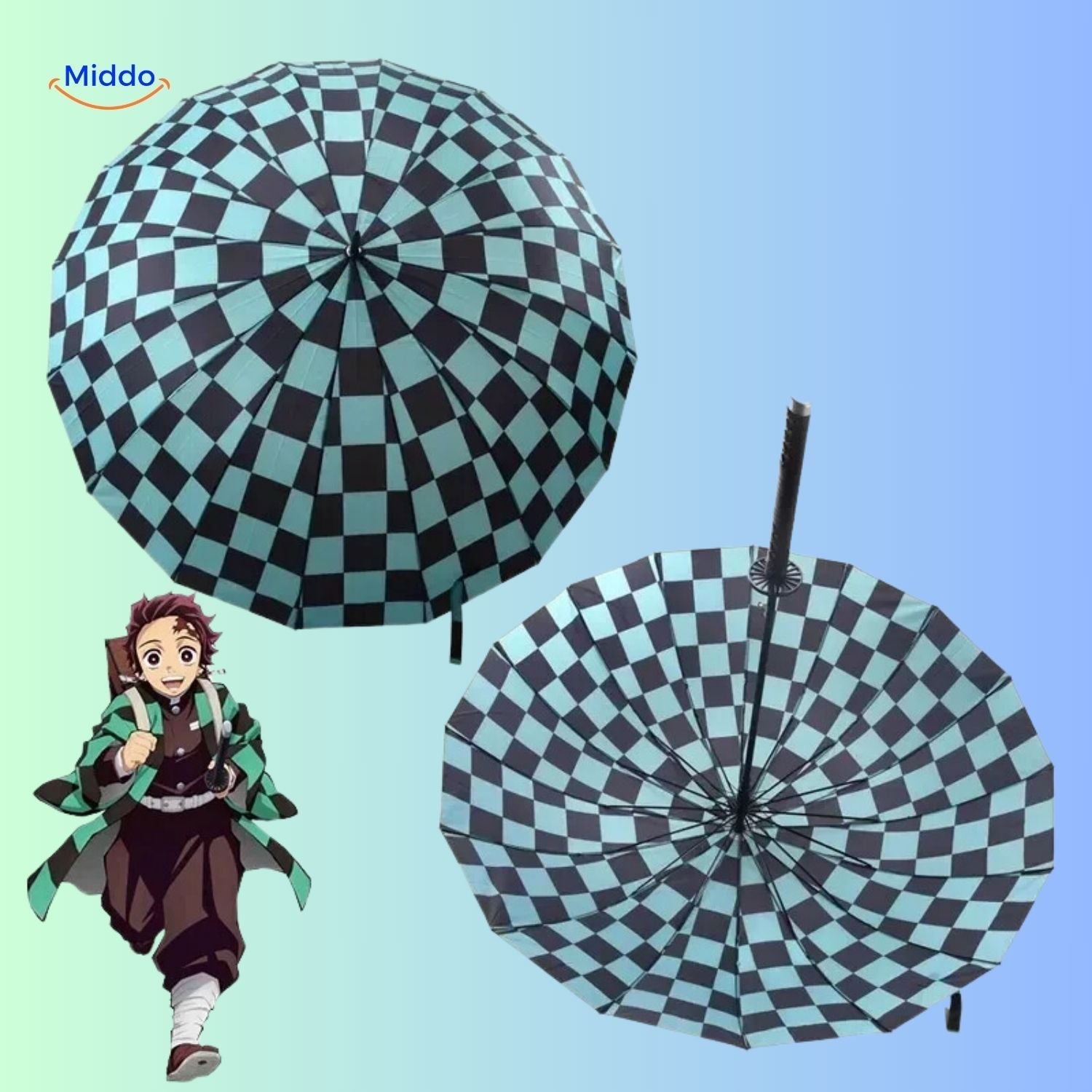 ZenBrella Anime-Regenschirm, grüner und schwarzer Regenschirm, Draufsicht mit Charakter middo.nl