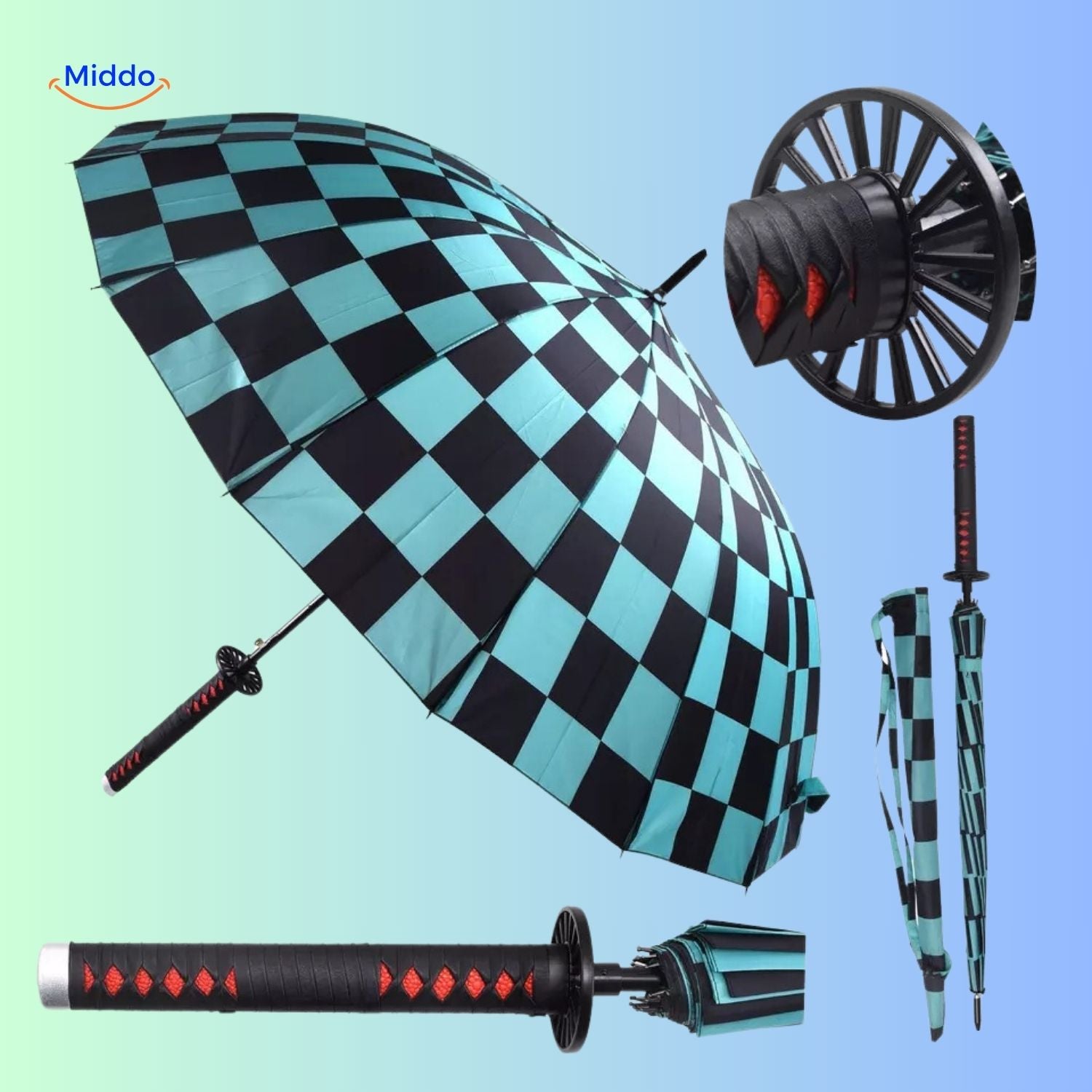 ZenBrella Anime-Regenschirm, zusammengeklappt, roter und mit Muster bedruckter Regenschirm mit blau-weißem Griff - middo.nl
