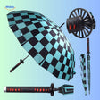 ZenBrella Anime-Regenschirm, zusammengeklappt, roter und mit Muster bedruckter Regenschirm mit blau-weißem Griff