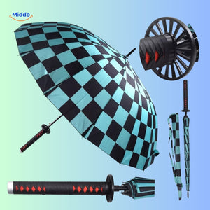 ZenBrella Anime-Regenschirm, zusammengeklappt, roter und mit Muster bedruckter Regenschirm mit blau-weißem Griff
