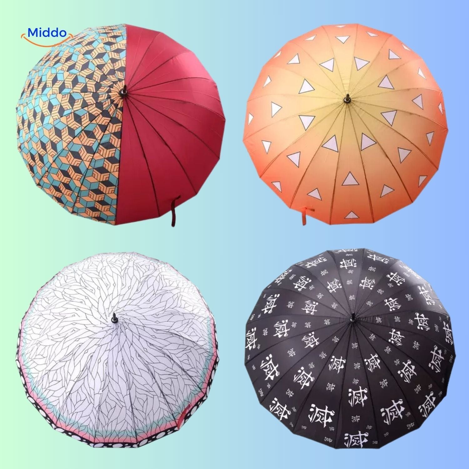 ZenBrella Anime-Regenschirm orange Regenschirm mit weißen Dreiecken und einer schwertartigen Griffform middo.nl