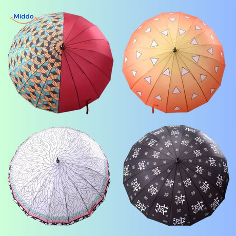 ZenBrella Anime-Regenschirm orange Regenschirm mit weißen Dreiecken und einer schwertartigen Griffform