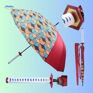 ZenBrella Anime-Regenschirm rot mit buntem geometrischem Muster und Schwertgriff