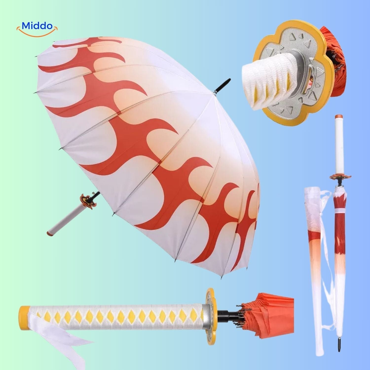 ZenBrella Anime-Regenschirm Weiß mit orangefarbenem Flammenmuster und schwertähnlichem Griff middo.nl
