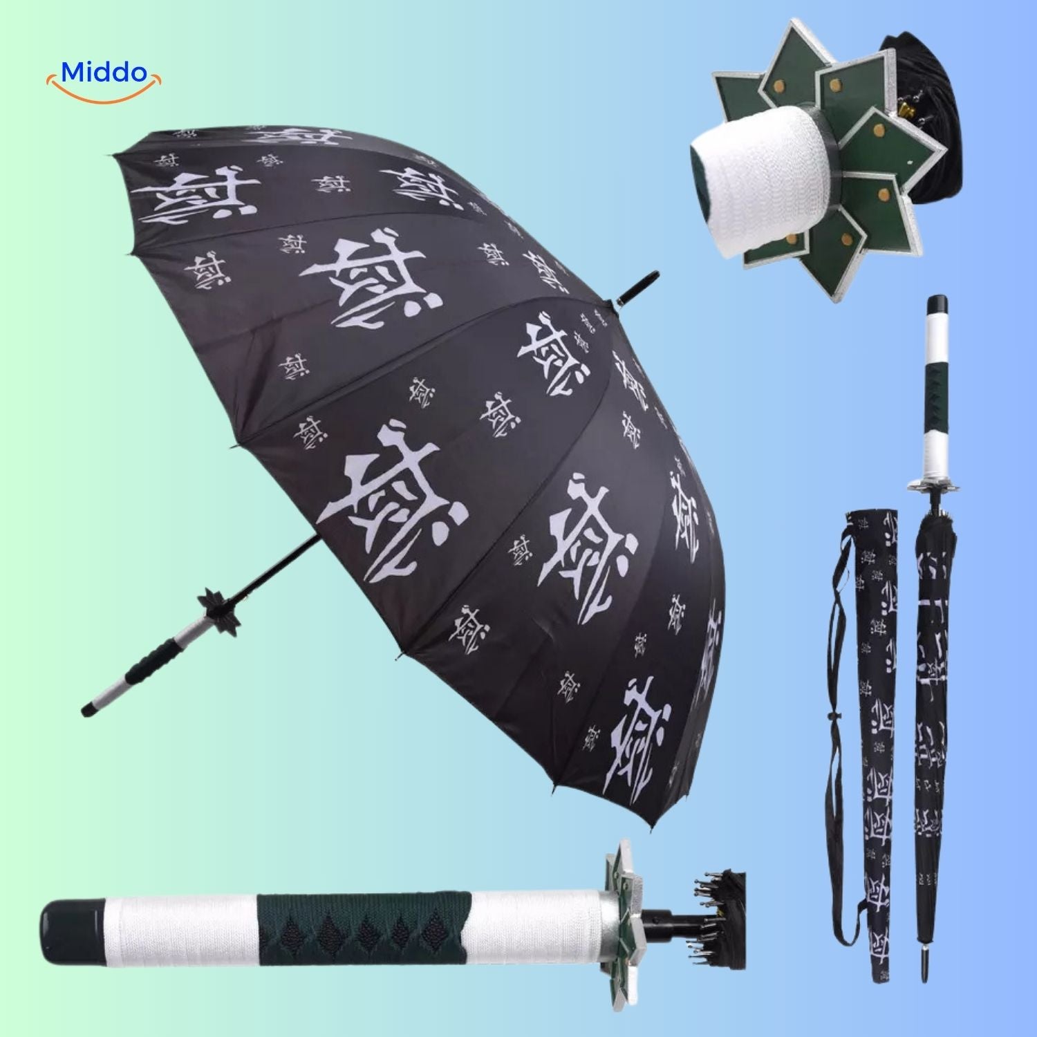 ZenBrella Anime-Regenschirm schwarz mit weißen Zeichen und grünem Griff middo.nl