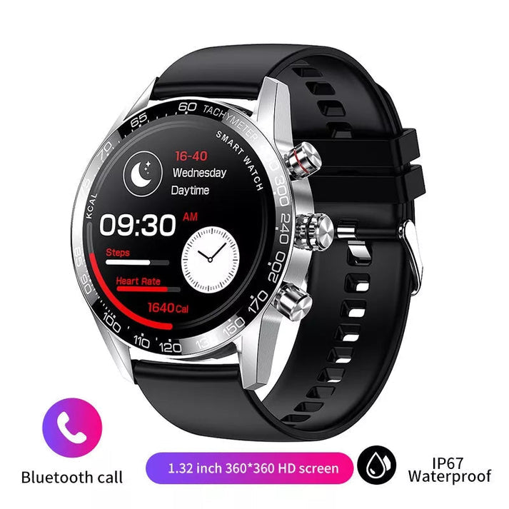 Eine silberne Smartwatch mit schwarzem Zifferblatt und Anzeige für Schrittzähler, Batterie und Tag, mit einem schwarzen Gummiband