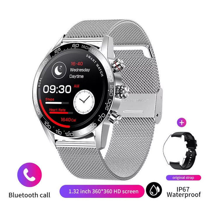 Eine silberne Smartwatch mit schwarzem Zifferblatt, die die Uhrzeit, einen Schrittzähler und die Herzfrequenz anzeigt, mit einem silbernen Metallarmband.