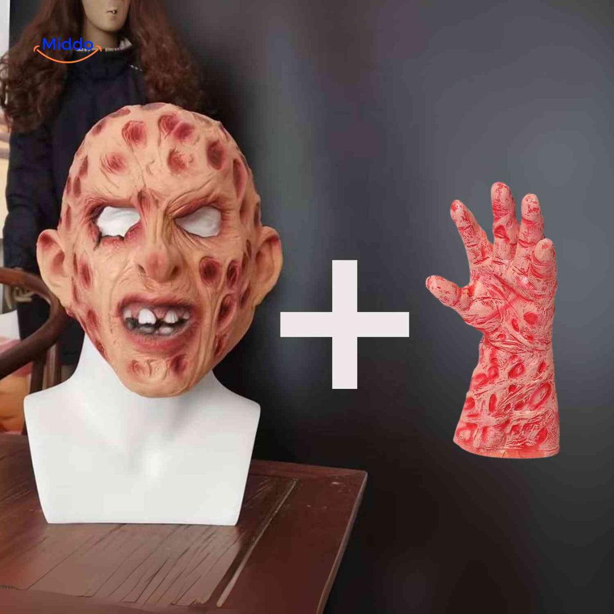 Zombiora Maske mit roten Punkten und Händen ohne Krallen - www.middo.de