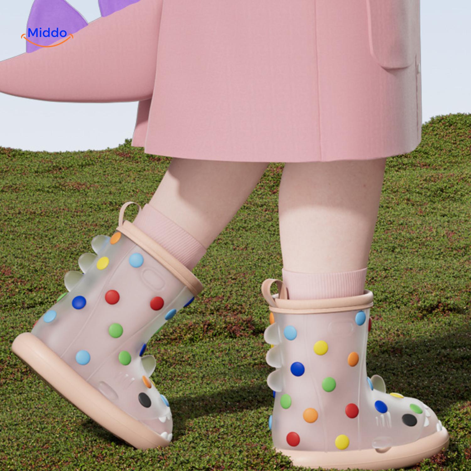 Zureto Shark Gummistiefel Kinder mit rosa Regenjacke und farbigen gepunkteten Stiefeln