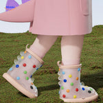 Zureto Shark Gummistiefel Kinder mit rosa Regenjacke und farbigen gepunkteten Stiefeln