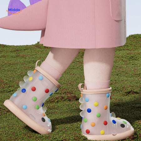 Zureto Shark Gummistiefel Kinder mit rosa Regenjacke und farbigen gepunkteten Stiefeln