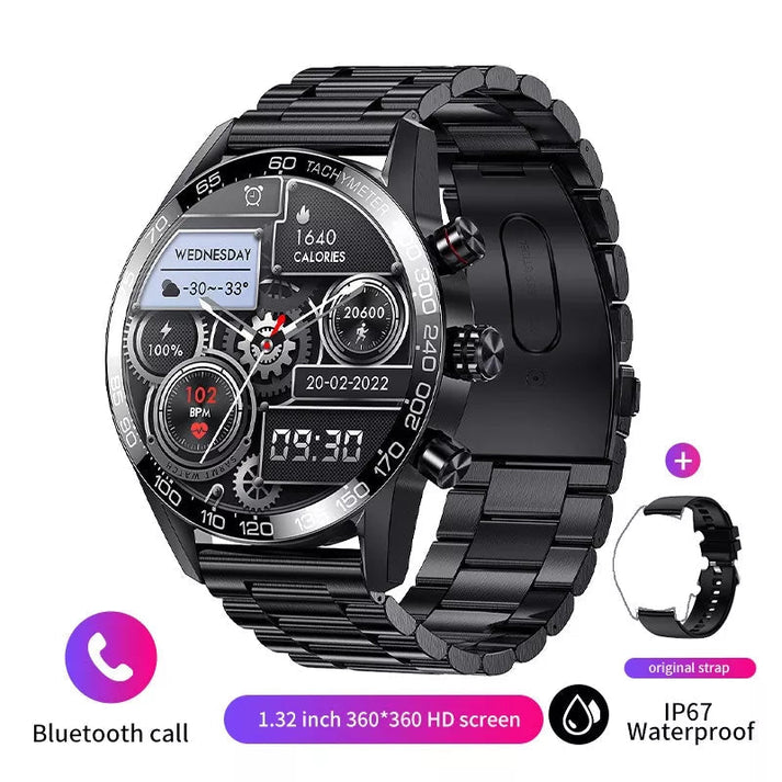 Eine schwarze Metall-Smartwatch mit Anzeige von Tag, Uhrzeit, Schrittzähler, Wetterdaten und Batteriestatus, ausgestattet mit einem schwarzen Armband.