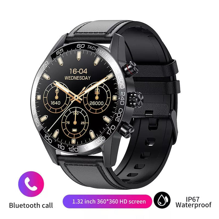 Eine schwarze Smartwatch mit schwarzem Ziffernblatt und Anzeigen für Schrittzähler, Batterie und Tag, mit einem schwarzen Lederarmband.