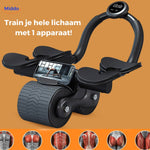 Aktiver Mann trainiert im Freien mit dem schwarzen AbWheel Pro auf orangefarbenem Hintergrund