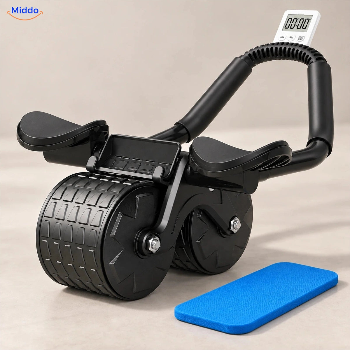 AbWheel Pro™ – Schwarz mit Timer – Kniematte 34 × 15 cm
