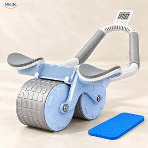 AbWheel Pro™ – Grau Blau mit Timer – Kniematte 34 × 15 cm