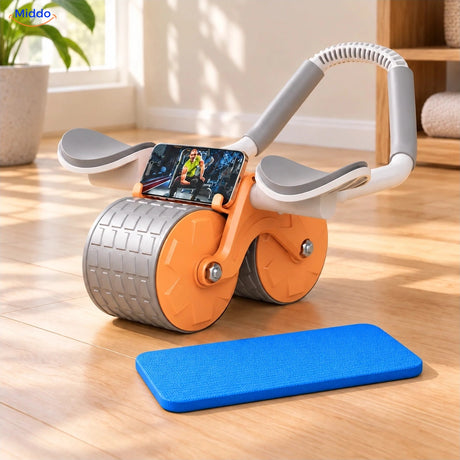AbWheel Pro in Orange mit kostenloser blauer Kniematte; Smartphone nicht enthalten – Kniematte 34 × 15 cm