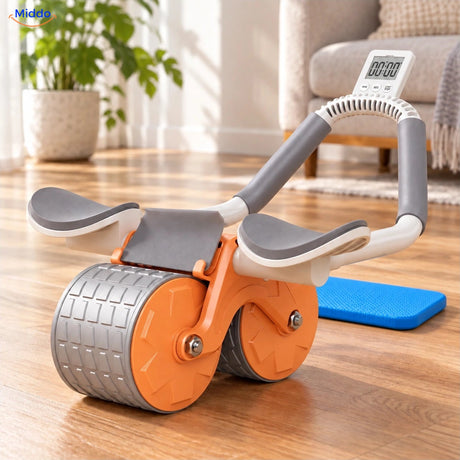AbWheel Pro in Orange mit Timer und kompakter Kniematte im Wohnzimmer – Kniematte 34 × 15 cm
