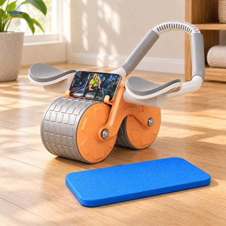 AbWheel Pro in Orange mit kostenloser blauer Kniematte; Smartphone nicht enthalten