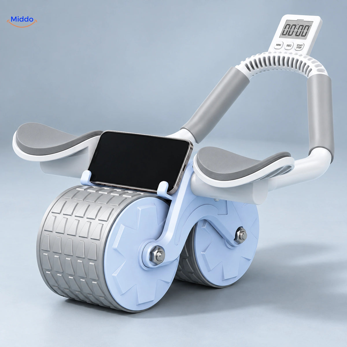 Blauer AbWheel Pro mit weißem digitalem Timer am Bügel