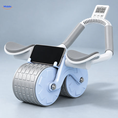 Blauer AbWheel Pro mit weißem digitalem Timer am Bügel