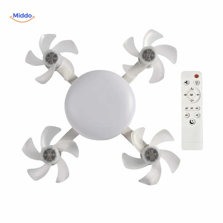 Aeroglow Ventilatorlampe - Obenansicht mit vier Ventilatoren und Fernbedienung