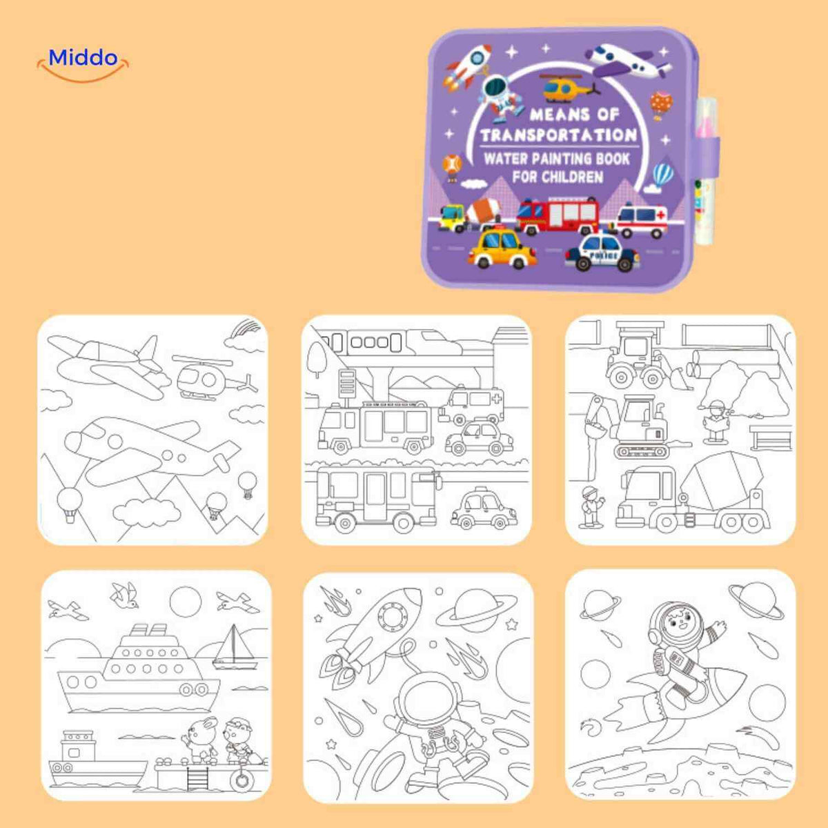 aquaDoodle Buch über Transportmittel, Wasserfarbenbuch für Kinder, Flugzeug, Auto, Raumfahrt www.middo.de