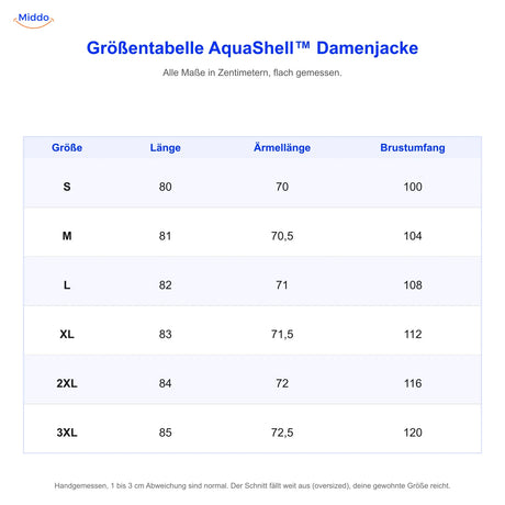 Größentabelle AquaShell Damenjacke