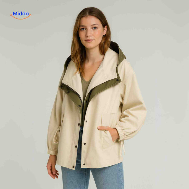AquaShell Jacke in Creme mit grünem Innenkragen, lässige Damenjacke