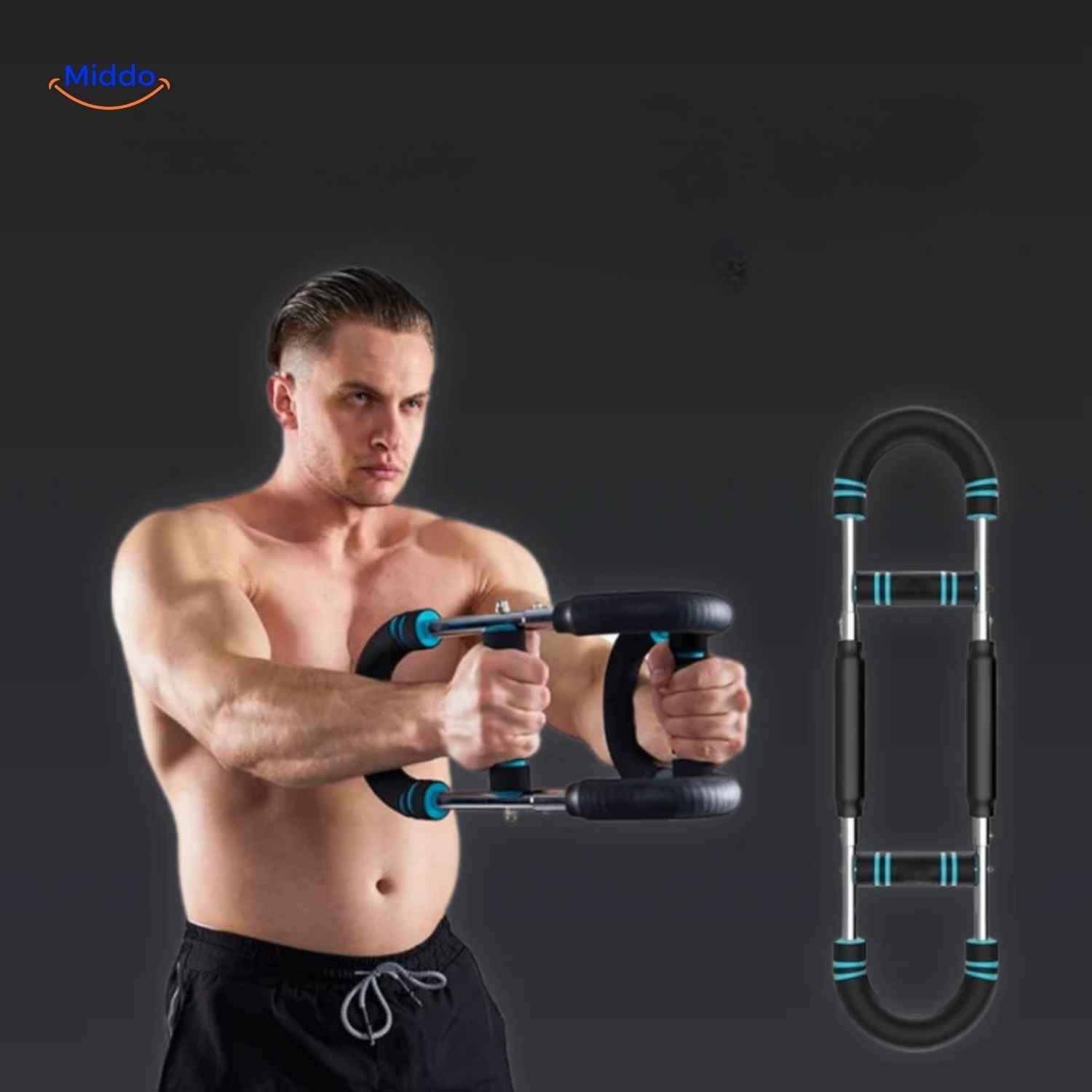 Armflex-Trainer Mann demonstriert Armtrainer für Brust und Bizeps