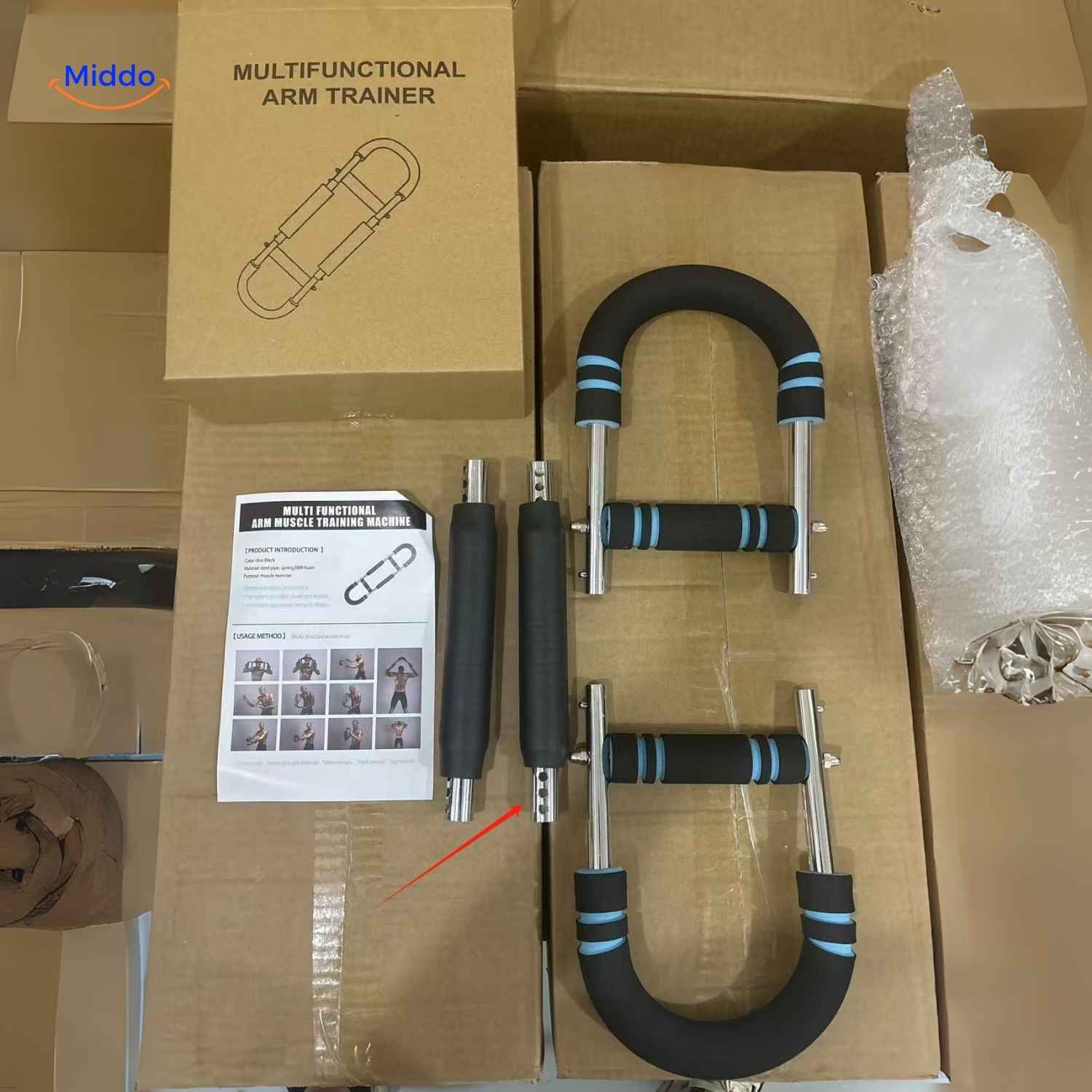 armflex trainer Produktverpackung und Montageset mit Anleitung www.middo.nl