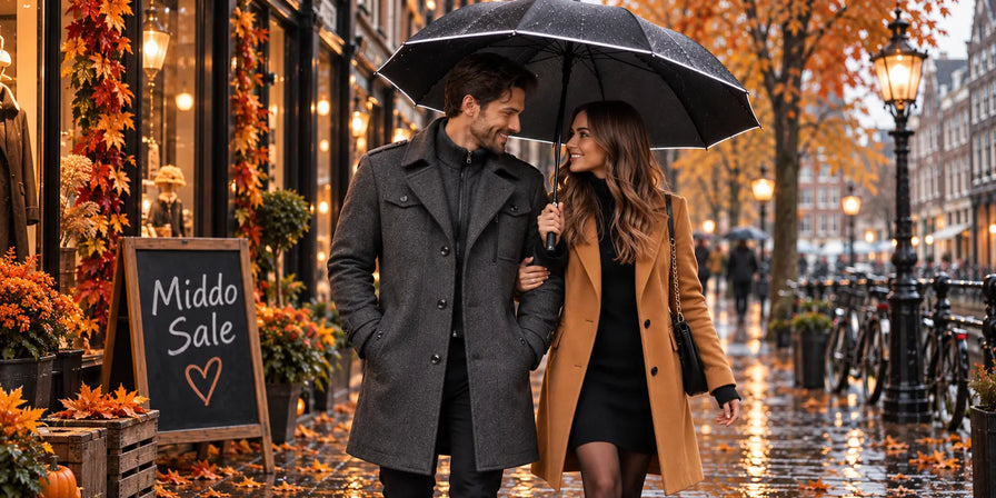 Paar mit Regenschirm und warmen Mänteln auf einer herbstlichen Straße