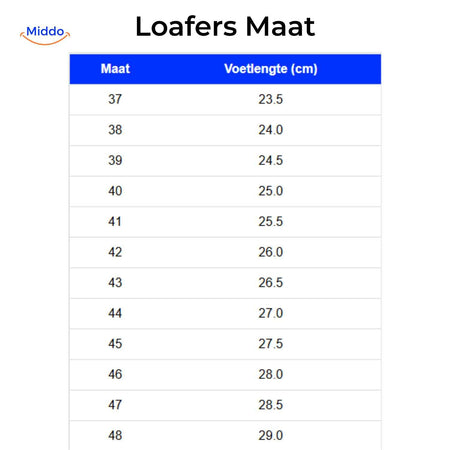 beckwin Loafers Maßtabelle Fußlänge cm pro EU Schuhgröße Übersicht www.middo.nl