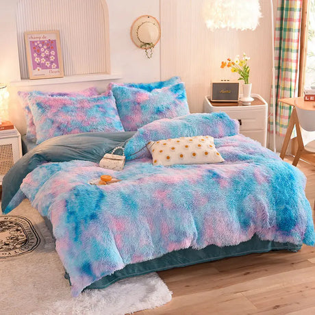 Teddy Fluffy Fleece-Bettwäsche in Blau-Rosa Batik