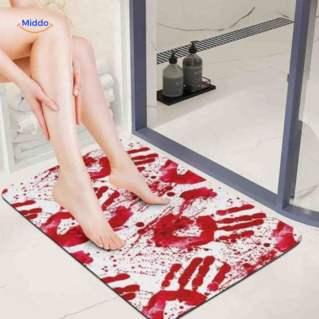 BloodStep Badematte, blutige Handabdrücke für Ihre Halloween-Dekoration. Holen Sie sich die gruseligste Atmosphäre für Halloween mit der BloodStep Badematte. Diese einzigartige Matte mit blutigen Handabdrücken ist der perfekte Blickfang.