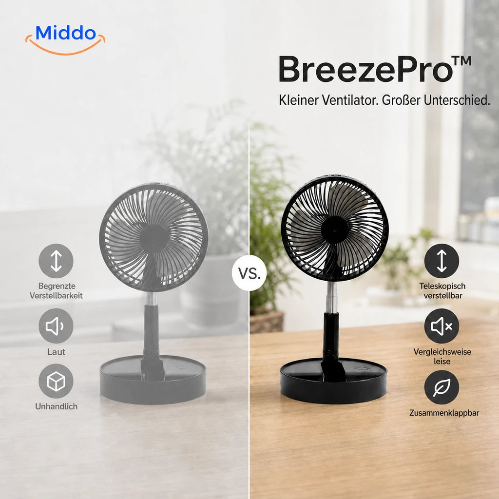 Vergleich zwischen einem normalen Ventilator und dem faltbaren BreezePro