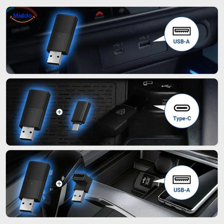 CarLink™ Pro-Adapter angeschlossen an den USB-Anschluss des Armaturenbretts des Autos, mit einem schlanken Design und Kompatibilität