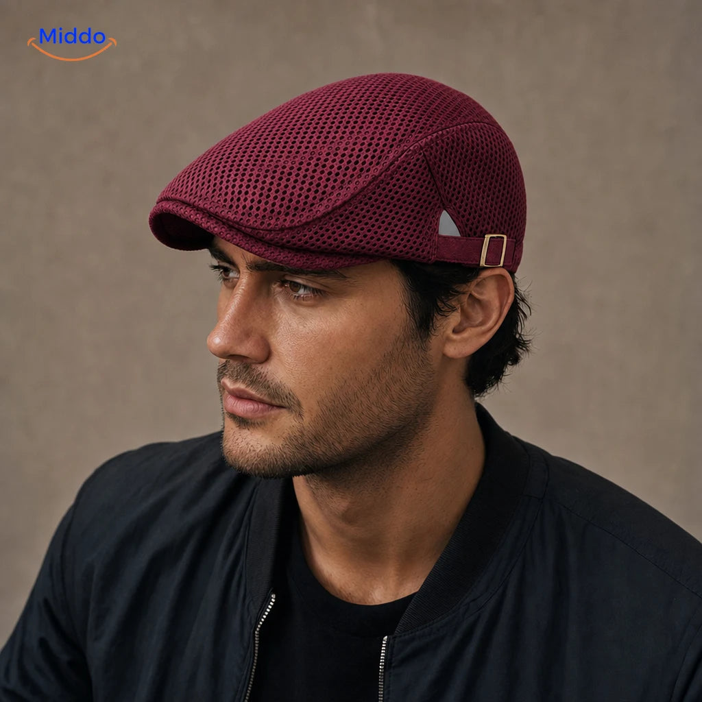 Casual Mesh Flat Cap in Bordeauxrot an einem Herrenmodell