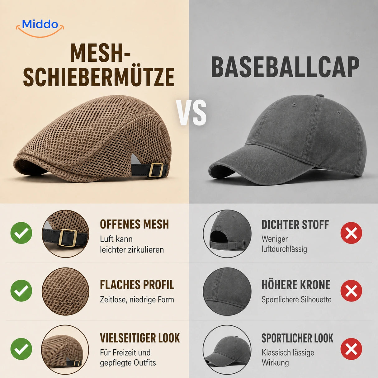 Vergleich zwischen der Casual Mesh Flat Cap und einer Baseballcap