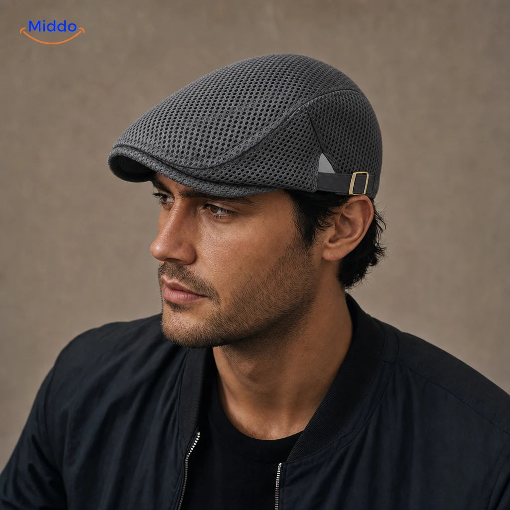 Casual Mesh Flat Cap in Dunkelgrau an einem Herrenmodell