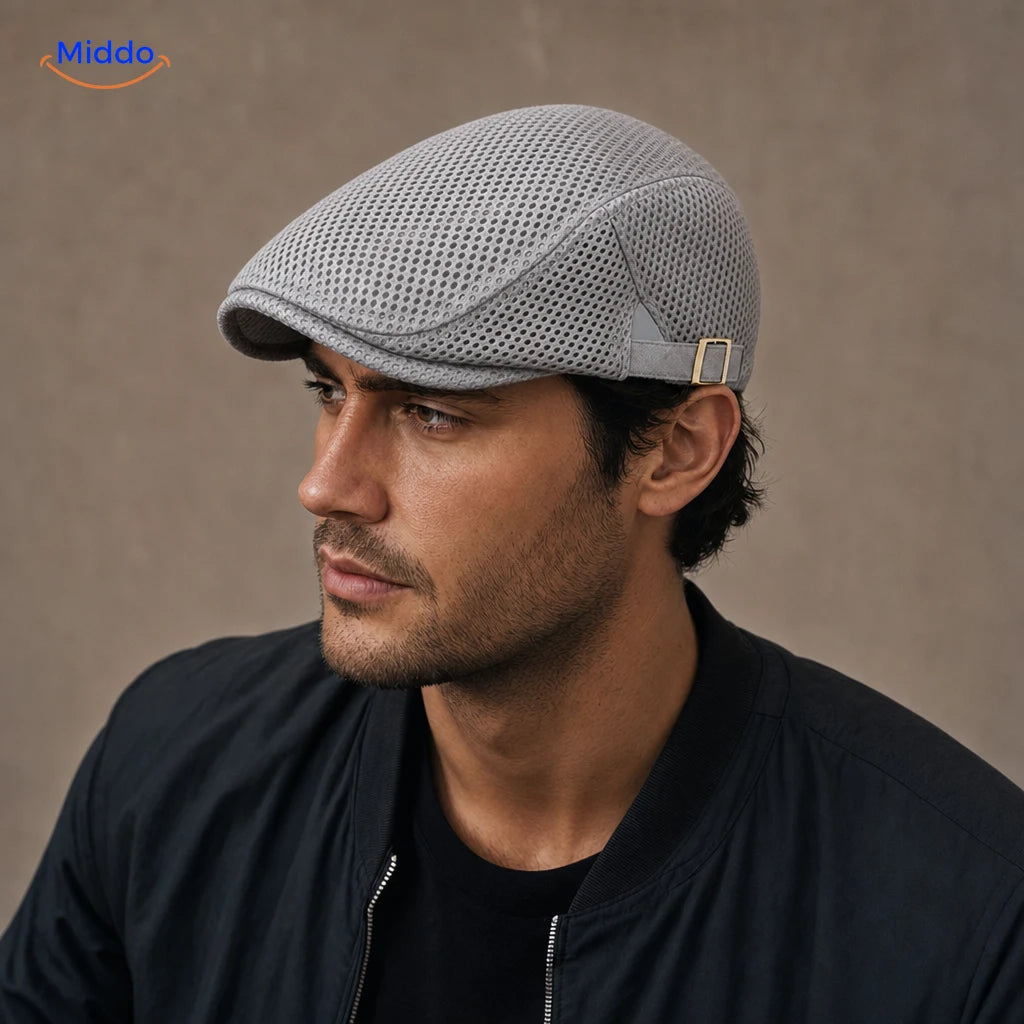 Casual Mesh Flat Cap in Hellgrau an einem Herrenmodell