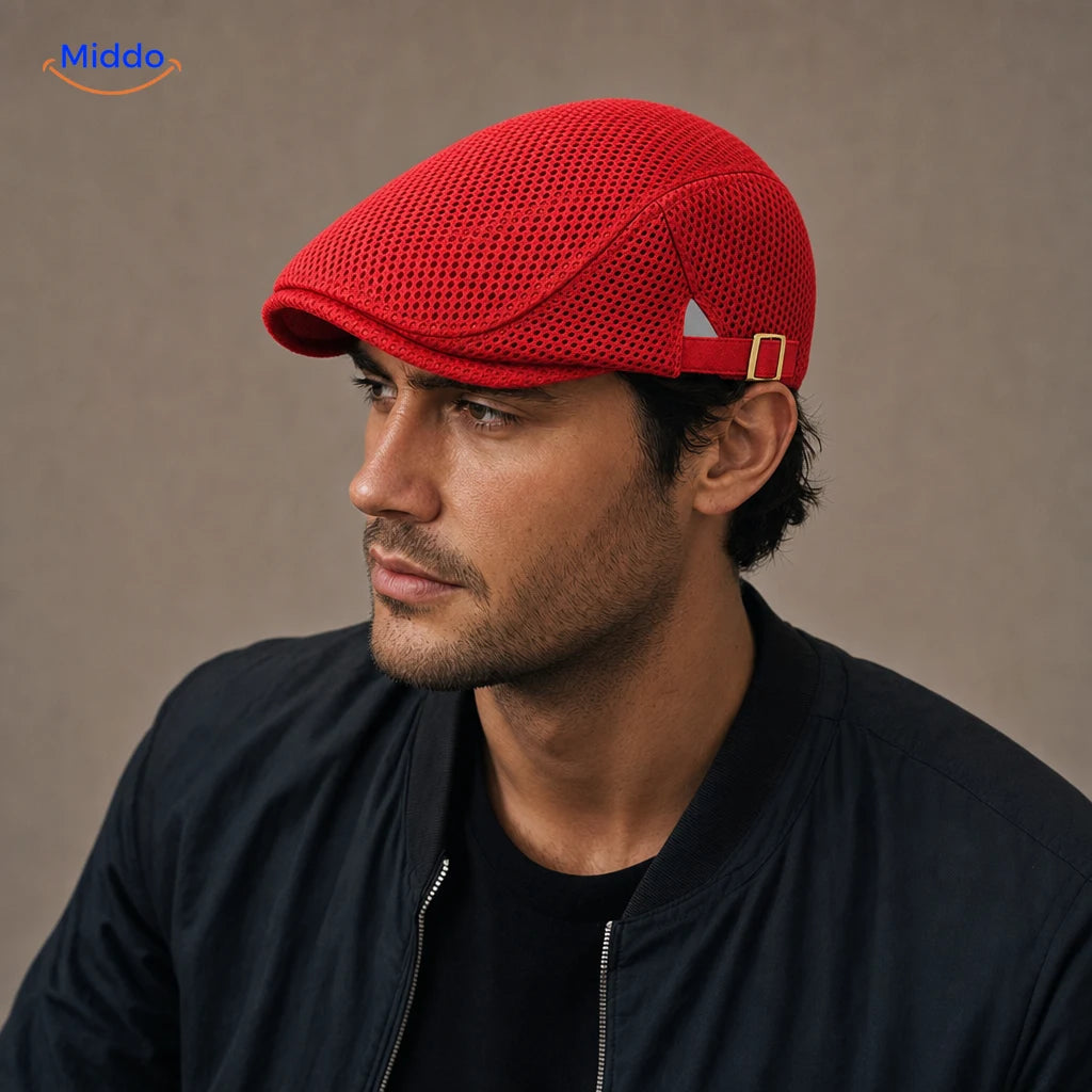 Casual Mesh Flat Cap in Leuchtrot an einem Herrenmodell