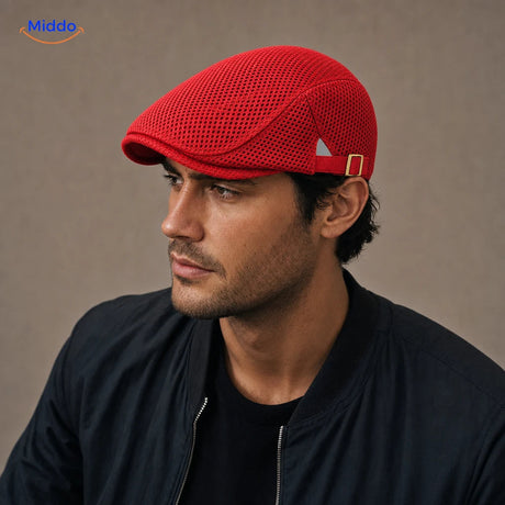 Casual Mesh Flat Cap in Leuchtrot an einem Herrenmodell